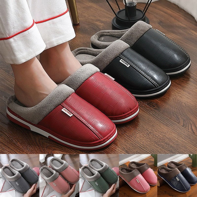 Pu bőr papucsok Női és Férfi Háztartási Vízálló Vastag Talp Téli Meleg Bolyhos Szőrme Papucsok Beltéri Pároknak csúszásmentes csúszdák