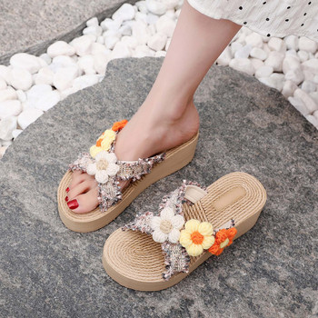 Пролет Лято Дамски чехли Дебела подметка Клин ток Цвят Цвете Отворени пръсти Джапанки Леки удобни плажни сандали обувки