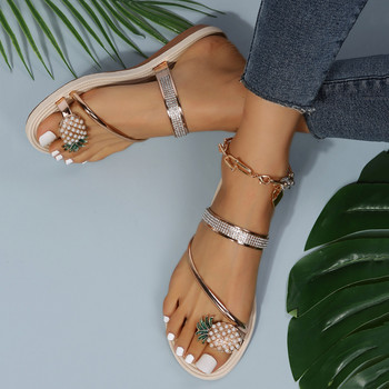 Перлени ананасови дамски сандали 2023 Летни кристални ежедневни плоски нехлъзгащи се дамски джапанки Външни плажни чехли в бохемски стил