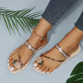 Перлени ананасови дамски сандали 2023 Летни кристални ежедневни плоски нехлъзгащи се дамски джапанки Външни плажни чехли в бохемски стил