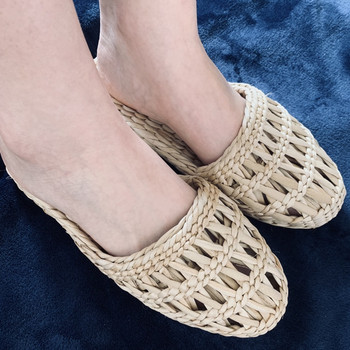 Unisex Hemp Slides Cut-Outs Grass Weaving παπούτσια Στρογγυλά δάχτυλα Πρωτότυπα χειροποίητα παντόφλες μασάζ άχυρο φυσικό μπεζ φαρδιά πόδια 44-3