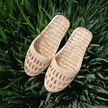 Unisex Hemp Slides Cut-Outs Grass Weaving παπούτσια Στρογγυλά δάχτυλα Πρωτότυπα χειροποίητα παντόφλες μασάζ άχυρο φυσικό μπεζ φαρδιά πόδια 44-3