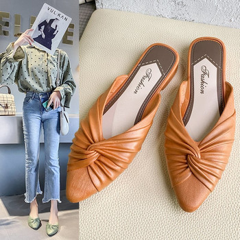 Плюс размер 41 Дамски чехли Ежедневни обувки с мулета с остри пръсти Оранжеви пантофи Плисирани пързалки Дамски плоски чехли zapatos mujer 9024N