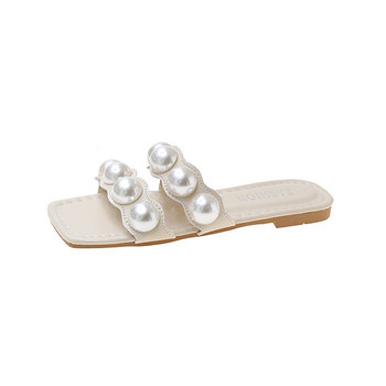 Comemore Лято 2023 Плоски обувки Дамски отворени пръсти Голям размер Дамски плажни чехли с перли Дамски пързалки Дамски джапанки 41