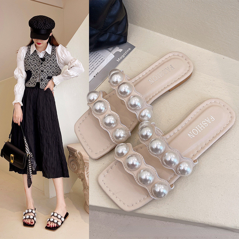 Comemore Ljeto 2023. Ravne cipele Ženske otvorene prste Velike veličine Ženske papuče za plažu s biserom Ženske navlake Ženske japanke 41