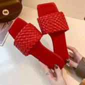 Sandale roșii pentru femei, papuci plat cu temperament deschis, plajă, casual, Ytmtloy, pentru interior, vară, Zapatillas Mujer Casa Sapatos