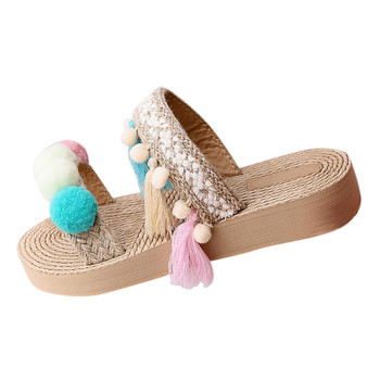 Colorblock Дамски чехли за дами Летни плоски долнища Леки джапанки Вълнени топки с пискюли Плажни сандали Удобни обувки