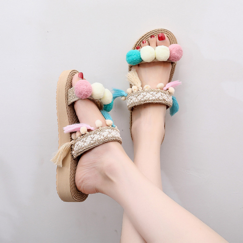 Moteriškos „Colorblock“ šlepetės moteriškos vasarinės plokščios apačios lengvos šlepetės, vilnos rutuliniai paplūdimio sandalai Patogūs batai