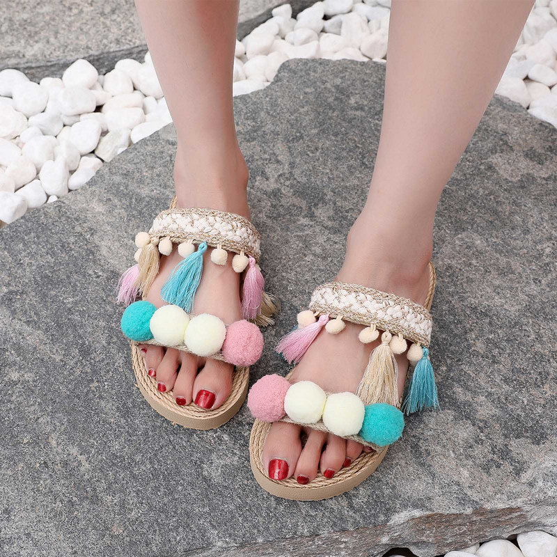 Moteriškos „Colorblock“ šlepetės moteriškos vasarinės plokščios apačios lengvos šlepetės, vilnos rutuliniai paplūdimio sandalai Patogūs batai