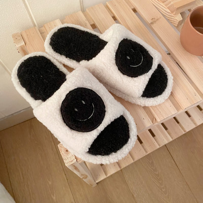 Zimske nove kawaii crtane ženske kućne krznene papuče s otvorenim prstima za spavaću sobu sa slatkim smajlićem, kućne ženske papuče s toboganima