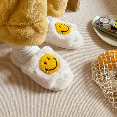 Zimske nove kawaii crtane ženske kućne krznene papuče s otvorenim prstima za spavaću sobu sa slatkim smajlićem, kućne ženske papuče s toboganima