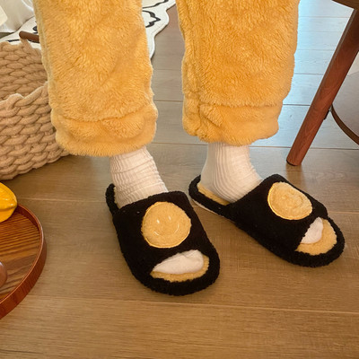 Zimske nove kawaii crtane ženske kućne krznene papuče s otvorenim prstima za spavaću sobu sa slatkim smajlićem, kućne ženske papuče s toboganima