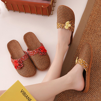 Suihyung Тъкани ленени чехли за жени 2021 Нови летни домашни обувки Дамски ежедневни пързалки Флорални ленени джапанки Дамски сандали с панделка