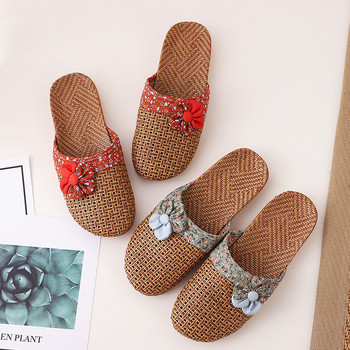 Suihyung Тъкани ленени чехли за жени 2021 Нови летни домашни обувки Дамски ежедневни пързалки Флорални ленени джапанки Дамски сандали с панделка