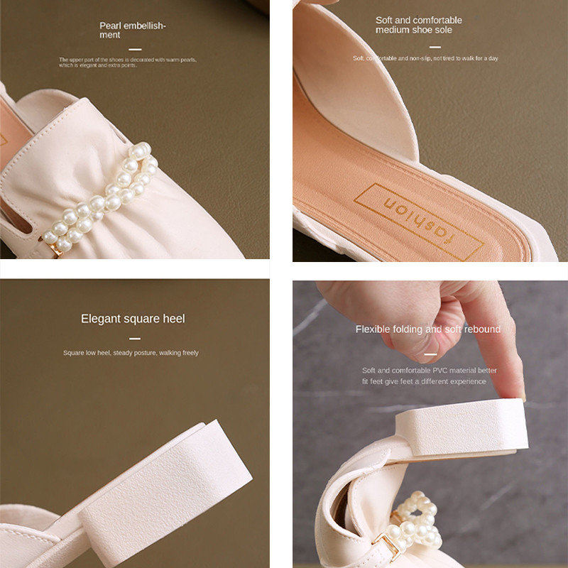 Sandale din piele Mosodo Vară Femei Sandale casual Îmbrăcăminte la modă Pantofi singuri Fată Perla Toc Pătrat Jumătate Papuci