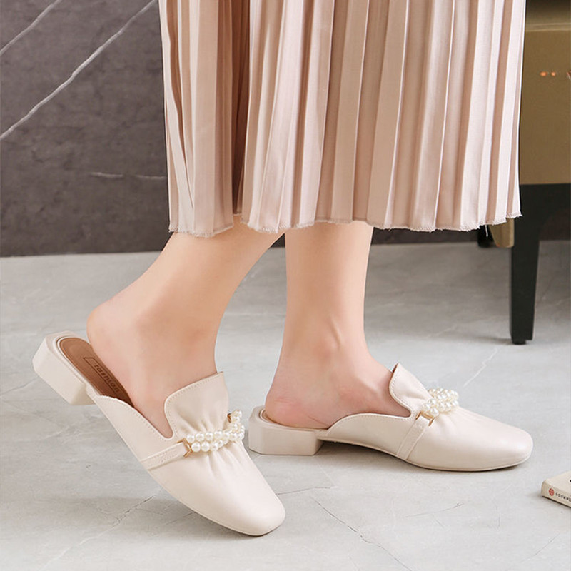 Sandale din piele Mosodo Vară Femei Sandale casual Îmbrăcăminte la modă Pantofi singuri Fată Perla Toc Pătrat Jumătate Papuci