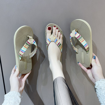 Дамски джапанки Летни бохемски стил Модни тъкани сандали Ежедневни танкетки Плажни чехли Обувки Zapatillas De Estar Por Casa