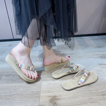 Дамски джапанки Летни бохемски стил Модни тъкани сандали Ежедневни танкетки Плажни чехли Обувки Zapatillas De Estar Por Casa
