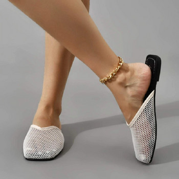 Нови дамски чехли Модни мрежести джапанки с плоско дъно с квадратни пръсти Кухи ежедневни прости плътни сандали Плъзгачи за голям размер
