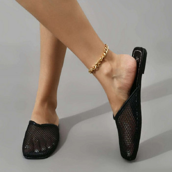 Нови дамски чехли Модни мрежести джапанки с плоско дъно с квадратни пръсти Кухи ежедневни прости плътни сандали Плъзгачи за голям размер