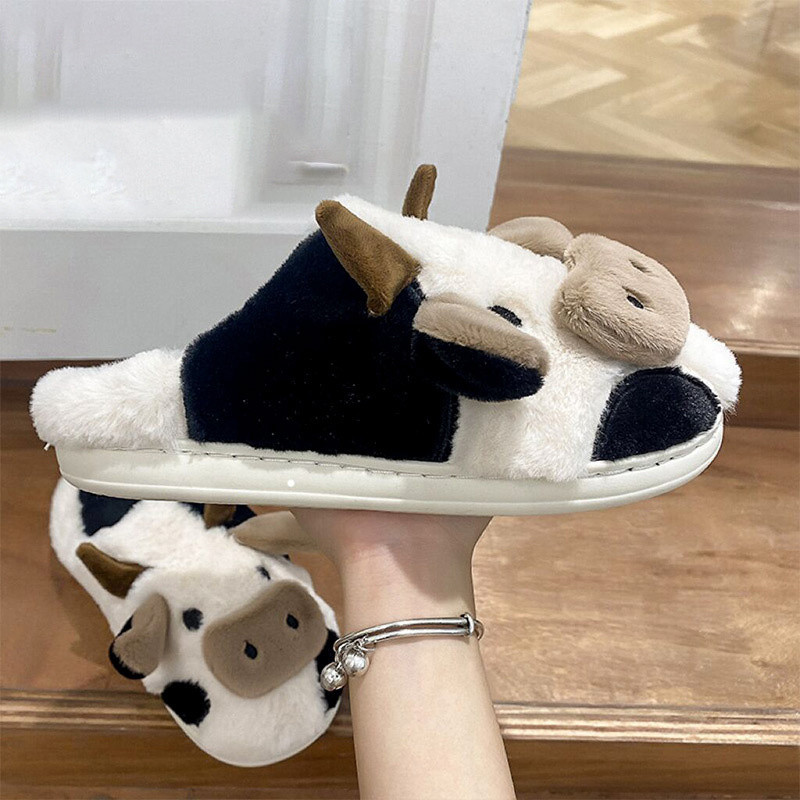 Slatke papuče sa životinjama Žene Djevojčice Kawaii pahuljaste zimske tople papuče Crtani kravlji kravlji papuče Smiješne cipele Pantuflas De Vaca