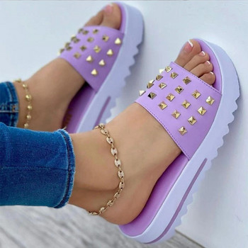 Дамски летни ежедневни чехли за 2022 г. Дамски външни сандали с нитове, едноцветни, голям размер, удобни дамски плажни чехли