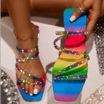 Плоски чехли Лятна мода за 2022 г. Сандали с кристали в цвят бонбони Момичета Дъгови кристални приплъзващи се плажни дамски чехли