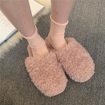 Зимни топли памучни чехли Дамски модни едноцветни плюшени чехли Вътрешни подови двойки Домашни обувки Чехли с мека кожа