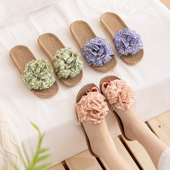 Дамски чехли Suihyung 2022 г. Нови домашни обувки за момичета Големи цветя Плоски сандали с панделка Дамски леки ленени чехли Плъзгачи