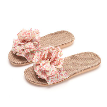 Γυναικείες παντόφλες Suihyung 2022 Νέα παπούτσια για το σπίτι για κορίτσια Μεγάλα λουλούδια Flat σανδάλια με φιόγκο Γυναικεία ελαφριά παντόφλες λινάρι Slides