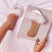 Sandale de vară pentru femei din blană de vulpe, papuci de plajă, papuci de plajă, cu fund plat