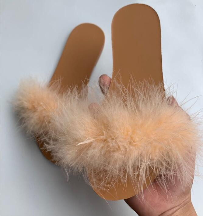 Sandale de vară pentru femei din blană de vulpe, papuci de plajă, papuci de plajă, cu fund plat