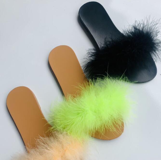Sandale de vară pentru femei din blană de vulpe, papuci de plajă, papuci de plajă, cu fund plat