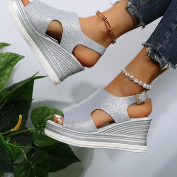 2023 New Cut Out Glitter Χρώμα Χρυσό Ασημί Γυναικεία Casual Wedges Σανδάλια One Line Peep Toe Γυναικεία καλοκαιρινά σανδάλια παραλίας