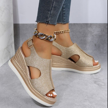 2023 New Cut Out Glitter Χρώμα Χρυσό Ασημί Γυναικεία Casual Wedges Σανδάλια One Line Peep Toe Γυναικεία καλοκαιρινά σανδάλια παραλίας