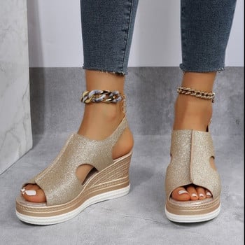 2023 New Cut Out Glitter Χρώμα Χρυσό Ασημί Γυναικεία Casual Wedges Σανδάλια One Line Peep Toe Γυναικεία καλοκαιρινά σανδάλια παραλίας