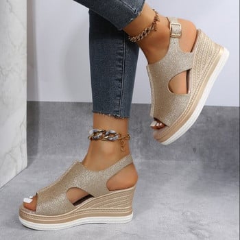 2023 New Cut Out Glitter Χρώμα Χρυσό Ασημί Γυναικεία Casual Wedges Σανδάλια One Line Peep Toe Γυναικεία καλοκαιρινά σανδάλια παραλίας