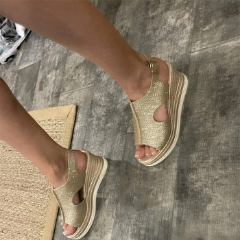 2023 New Cut Out Glitter Χρώμα Χρυσό Ασημί Γυναικεία Casual Wedges Σανδάλια One Line Peep Toe Γυναικεία καλοκαιρινά σανδάλια παραλίας