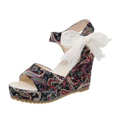 2022 Νέα Wedge Ribbon Άνετα γυναικεία πέδιλα Ψηλοτάκουνα κάνναβη με πλέξη Γυναικεία καλοκαιρινά σανδάλια All-match Plus Size 35-42