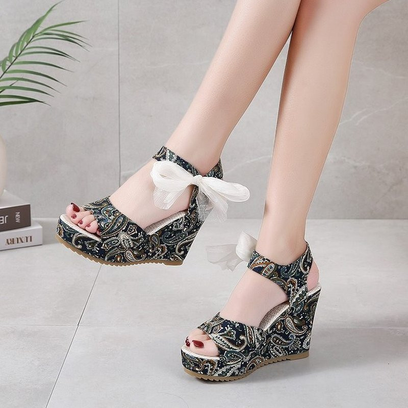 2022 Νέα Wedge Ribbon Άνετα γυναικεία πέδιλα Ψηλοτάκουνα κάνναβη με πλέξη Γυναικεία καλοκαιρινά σανδάλια All-match Plus Size 35-42