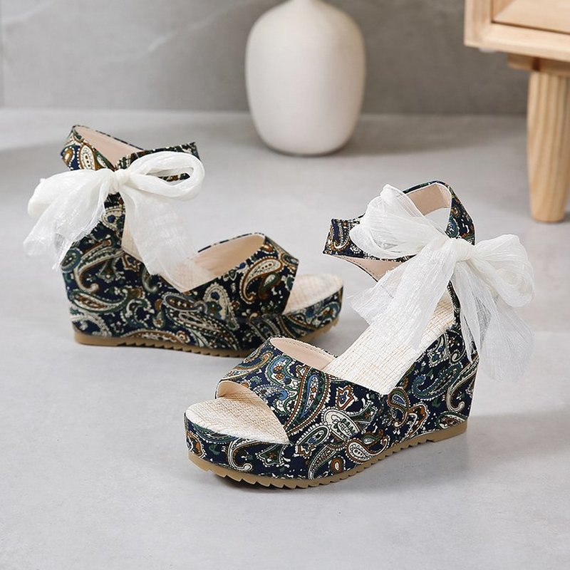 2022 Νέα Wedge Ribbon Άνετα γυναικεία πέδιλα Ψηλοτάκουνα κάνναβη με πλέξη Γυναικεία καλοκαιρινά σανδάλια All-match Plus Size 35-42