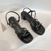 Sandale grosime pentru femei cu toc înalt, vara 2023, papuci sexy de designer nou, pantofi casual, rochie de petrecere cu vârf pătrat, sandale cu tocuri înalte