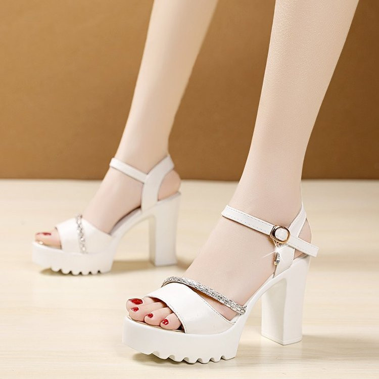 sandale sa kamenčićima ženske 2021 remen za gležnjeve otvorene pete blok pete ženske cipele ljetne visoke pete sandale s platformom crno bijele pete