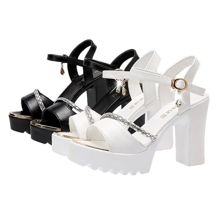 sandale sa kamenčićima ženske 2021 remen za gležnjeve otvorene pete blok pete ženske cipele ljetne visoke pete sandale s platformom crno bijele pete