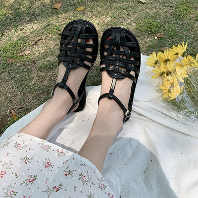 Moda de primăvară și toamnă Sandale confortabile Pantofi retro dama de vară Bretele confortabile țesute plate Sandale casual sexy