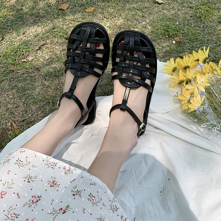 Moda de primăvară și toamnă Sandale confortabile Pantofi retro dama de vară Bretele confortabile țesute plate Sandale casual sexy