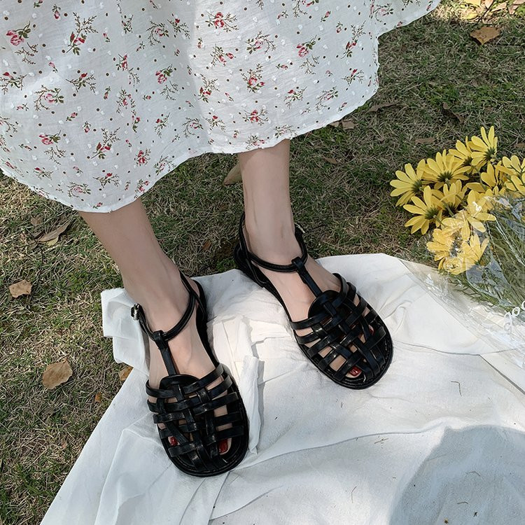 Moda de primăvară și toamnă Sandale confortabile Pantofi retro dama de vară Bretele confortabile țesute plate Sandale casual sexy