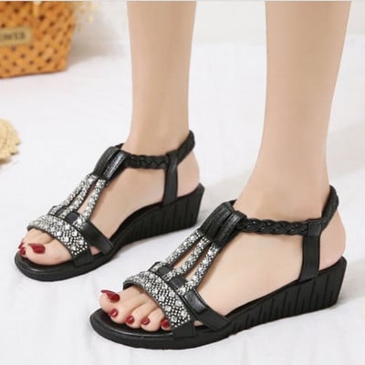 Sandale de damă de vară Sandale casual boeme noi, la modă și confortabile, pantofi de plajă în aer liber, cu strasuri, cu vârf deschis