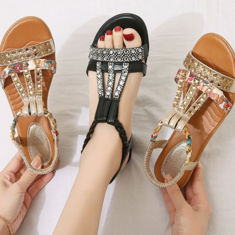 Sandale de damă de vară Sandale casual boeme noi, la modă și confortabile, pantofi de plajă în aer liber, cu strasuri, cu vârf deschis
