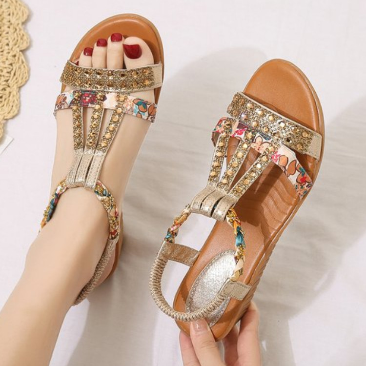 Sandale de damă de vară Sandale casual boeme noi, la modă și confortabile, pantofi de plajă în aer liber, cu strasuri, cu vârf deschis